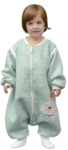 MIKAFEN Baby Schläfsack Langarm mit Füßen 2.0Tog, Baumwolle Junge Mädchen Unisex ganzjahres Schlafanzug, Blauer Welpe,70/Baby Höhe 75-85cm, Grüner Welpe,80/Baby Höhe 85-95cm