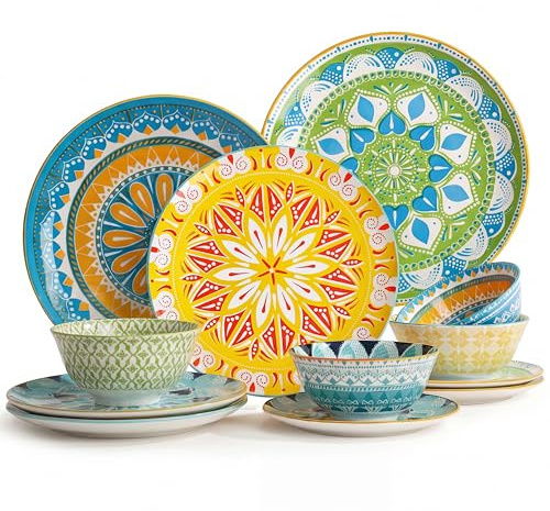 Geschirrset 4 Personen Tafelservice Kombiservice - 12 teiliges Porzellan Geschirr Set - Keramik Essgeschirr Set Bunte Design - Service Geschirrsets - Komplett Geschirrservice Set - Tafelgeschirr Set