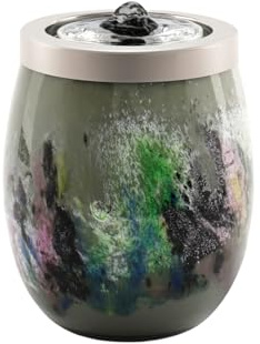 VOREEN Zimmerbrunnen Grau aus Mundgeblasenem Glas – Tischbrunnen mit LED-Licht – Ruhiger Glas-Deko-Brunnen für Wohnzimmer Schlafzimmer Büro 15cm Hoch