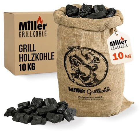 Miller Grillkohle Holzkohle 10 kg – rauchfrei, Lange Glut & hohe Temperatur – 100% Eukalyptus, nachhaltig im Jutesack