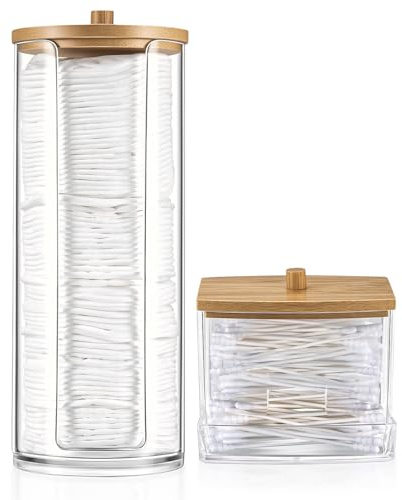 Gaomoeny 2 Stk Wattestäbchen Halter, Wattepadspender, Wattepad Aufbewahrungbox mit Bambusdeckel, Transparent Kosmetik Organizer Spender, für Bad Make Up Wattestäbchen Wattepad Aufbewahrung