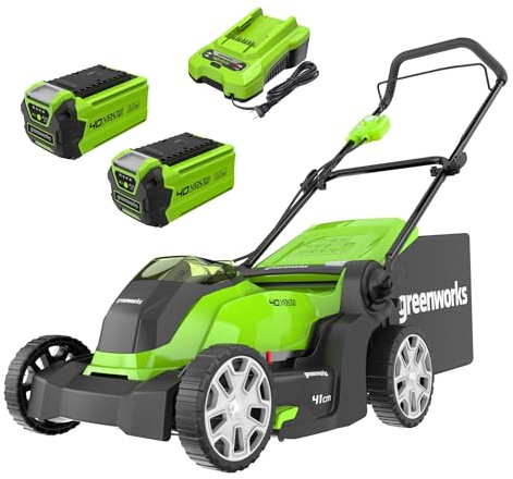 Greenworks 40V Kabelloser Akku Rasenmäher für Flächen bis zu 500 m², 41 cm Schnittbreite, 50-Liter-Sack PLUS zwei 40 V 2Ah-Akkus mit Ladegerät, 3 Jahre Garantie-G40LM41K2X