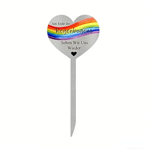 Herz Edelstahl Grabdekoration Grabstein Grabdekoration Wetterfest Grabschmuck Wetterfest Grabschmuck mit Gravur Am Ende des Regenbogens Sehen Wir Uns Wieder Grab Deko Wetterfest Grabstecker, 28cm