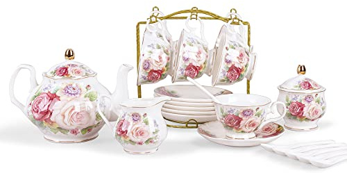 fanquare 21 Teilig Porzellan Europäisches Teeservice, Rosa Rose Keramik Kaffeeservice, Hochzeit Tee Service für Nachmittagstee, Kaffee