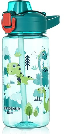 flintronic 600ml Trinkflasche Kinder, Kindertrinkflasche mit Strohhalm, BPA-freie Kinder-Wasserflaschen, Sportwasserflasche mit Auslaufsicherem Flip-Top-Deckel für Mädchen und Jungen, Blau