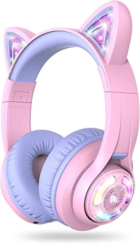 iClever BTH13 Bluetooth Kopfhörer Kinder LED Katzenohr Reisen Geschenk | SafeSound Tech, 50 Stunden Spielzeit, Stereo Klang, USB C Ladeanschluss, AUX Kabel, Bequem Kopfhörer Mädchen für Tablet PC