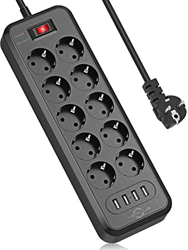 Steckdosenleiste überspannungsschutz(4000W 16A),KEPLUG Mehrfachsteckdose mit 3 USB,Steckdosenleiste einzeln schaltbar wandmontage kindersicherung,Steckdose (Schwarz10fach)