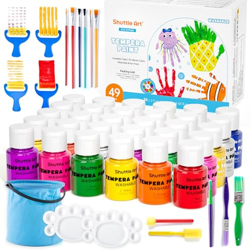 Shuttle Art Temperafarben Set, 30 Tempera Farben in Flaschen, je 60 ml, abwaschbare Kinderfarben, enthält Fluoreszierende, Metallic- und Glitzer-Farben, für Poster, Malen und Bastelprojekte geeignet