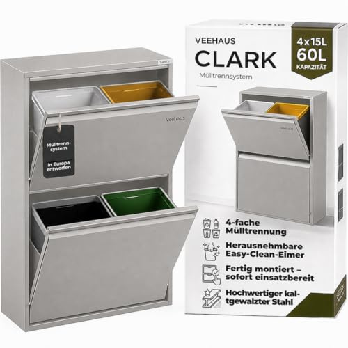 VEEHAUS Schuhkipper Metall schmal Schuhschrank Wandmontage, platzsparend | Freistehend & vormontiert, 4 einzeln öffenbare Klappen, Magnetische Front, Herausnehmbare Eimer, 60L Grau