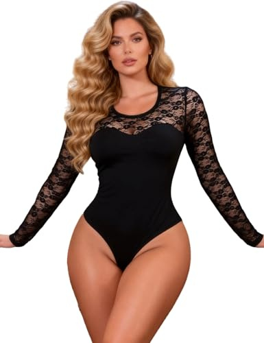 comeondear Damen Body Sexy Spitze Langarm Elegant Bodysuit Outfit One Piece Dessous Curvy Unterwäsche Oberteil Große Größen Rundhals Reizwäsche Bluse Tops Langarmbody Langarmshirt Overalls Hemd Alltag