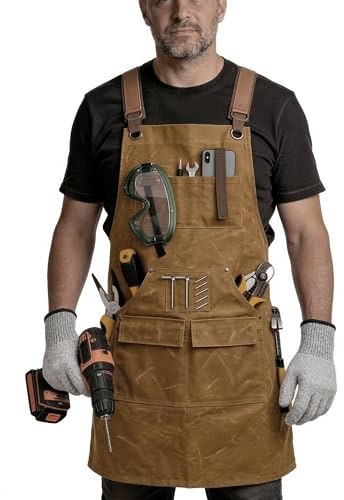 TootyTots Premium Arbeitsschürze Herren aus 20oz Gewachstem Canvas – Robust & Wasserabweisend – Werkzeugschürze für Holzbearbeitung & Werkstatt mit 9 Taschen, Magnet & Schnittschutzhandschuhe