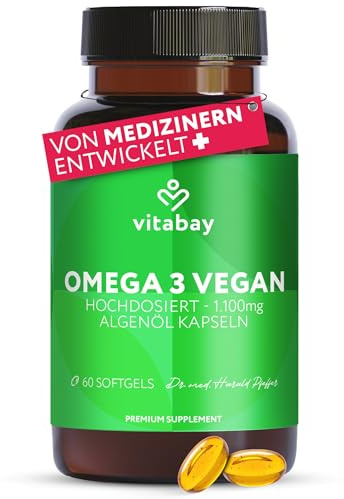 Vitabay Omega 3 Vegan 60 Kapseln mit 1100mg reinem Algenöl mit Vitamin E | hochdosiert – DHA 600mg & 300mg EPA – Laborgeprüft in Deutschland & ohne Zusatzstoffe – Qualität aus der Natur