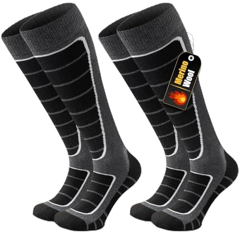 Stoeury 2 Paar Merinowolle Skisocken Herren Damen, Gepolsterte Skisocken, Bequeme Snowboard Socken, Warme Skistrümpfe, Thermosocken Wintersocken für Skifahren, Lange Skitouren, Langlauf, Snowboarden
