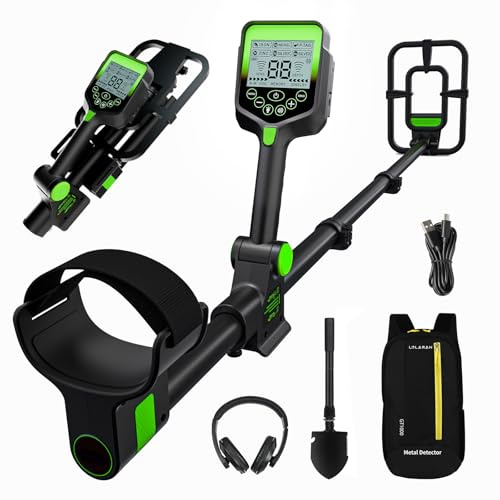 LOLARAN Profi Metalldetektor für Erwachsene - Wiederaufladbare Lithium-Batterie, inkl. Schaufel, Rucksack, Kopfhörer, Pinpointer, faltbares Design, wasserdichte Suchspule, Blaue Hintergrundb