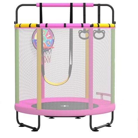 CZCPARY Kindertrampolin Indoor & Outdoor,Verstellbares Trampolin für Kinder 3-6 Jahre mit Turnstange,Schaukel und Basketballkorb,Sicherheitsgehäuse,Geburtstagsgeschenk für Jungen und Mädchen（Rosa）