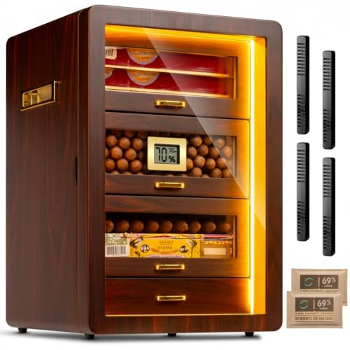 Marvero Zigarren-Humidor, Desktop Zigarren Humidor mit digitalem Hygrometer, Luftbefeuchter und Feuchtigkeitspakets.4 Cedar Holz Schubladen, Zigarren Humidor Box kann 200 Zigarren