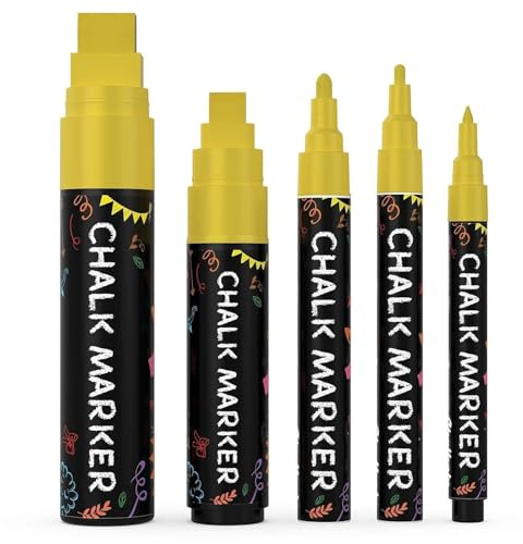Chalkola 5 Gold Kreidestifte für Tafel & Fenster | Von 1mm fein bis 15mm dick | Ideal als Kreidestift, Kreidemarker, Tafelstift, Folienstift, Glasmalstifte & Fensterstifte | Feucht abwischbar