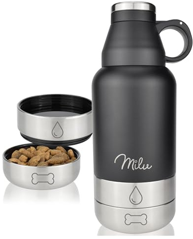 Milu Trinkflasche Hunde für Unterwegs 950ml - Wasserflasche mit Futternapf, Isolierte Edelstahl Hundetrinkflasche, Hundeflasche mit Futterbehälter, Napf, Hund, Wandern, Reisen, Spaziergang
