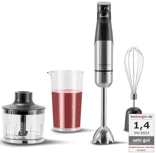 KLAMER Stabmixer Set 1000 Watt, 4 in 1 Pürierstab Edelstahl mit SmartSpeed per Finderdruck, inkl. 3-teiligem Zubehör-Set, Messbecher & Schneebesen