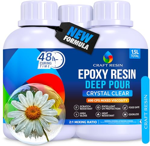 CRAFT RESIN 1.5L Tiefguß Epoxidharz Set mit Härter – Dickschicht bis zu 8 cm in einem Guß – Klar Gießharz – UV-beständig, lebensmittelecht – Epoxy Resin für Flusstische, Holz, Kunst, Blumen, Formen