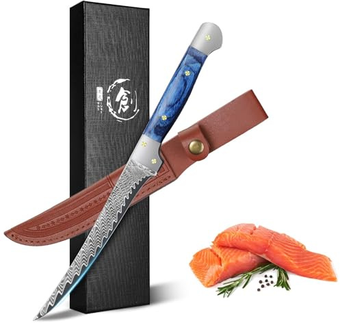 Golden Bird Filetiermesser 14,5 cm Ausbeinmesser aus Damaststahl mit VG10-Kern, professionelles Küchenmesser mit Full-Tang Holzgriff und Schutzscheide für Fleisch, Fisch und Outdoor - Geschenke