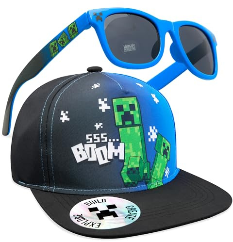 Minecraft Basecap Kinder Jungen Set Snapback Cap Kinder und Sonnenbrille UV Schutz Creeper Sonnenschutz Kappe Geschenke Jungs (6-14 Jahre, Schwarz/Blau)