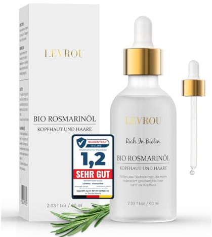 Levrou Rosmarinöl Haare 100% Bio mit Glaspipette für Mann & Frau mit Biotin Haaröl Rosmarin Minzöl mit Rizinusöl, Arganöl, Jojobaöl Haar & Kopfhautpflege Rosemary Oil for Hair 60ml