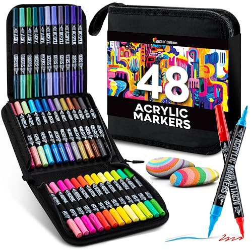 Zenacolor 48 Acrylstifte für Steine wasserfest mit Doppelspitze (feine Spitze und Pinsel) - Acrylstifte verschiedene Oberflächen - Multimarker Acryl mit einer Tasche