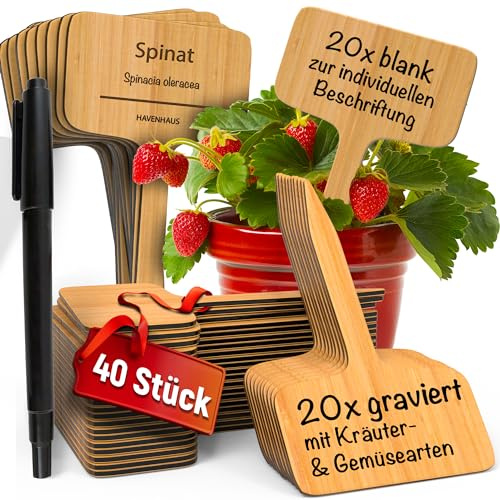 Pflanzenschilder Holz 40 Stk | 20 Pflanzschilder blank zur individuellen Beschriftung & 20 gravierte Schilder mit gängisten Kräuter & Gemüsearten | Kräuterschilder wetterfest | Pflanzenschilder