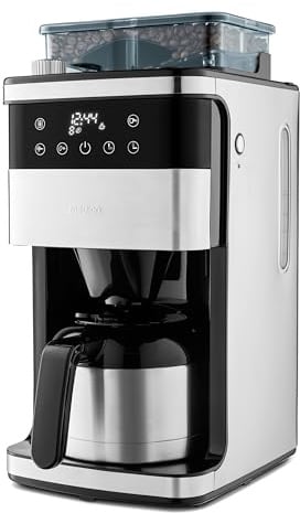 MEDION Kaffeemaschine mit Mahlwerk und Thermoskanne (1 Liter, max. 8 Tassen, 8 Mahlstufen, max. 1000 Watt, Timer, LED Display, Tropfstopp, Permanentfilter, MD19911)