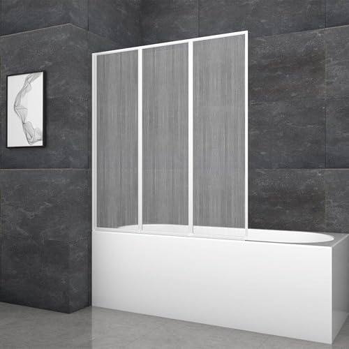 MARWELL Badewannenfaltwand 3-teilig 125 x 130 cm – Schwenkbare Duschwand für Badewanne, gefrosteter Kunststoff, weiß, platzsparend, einfache Montage