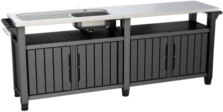 Keter BBQ Beistelltisch Unity Chef, Schwarz, mit großer Edelstahl-Arbeitsfläche und Spüle, 237x513x89,4cm, perfekt für das Grillen im Frühling