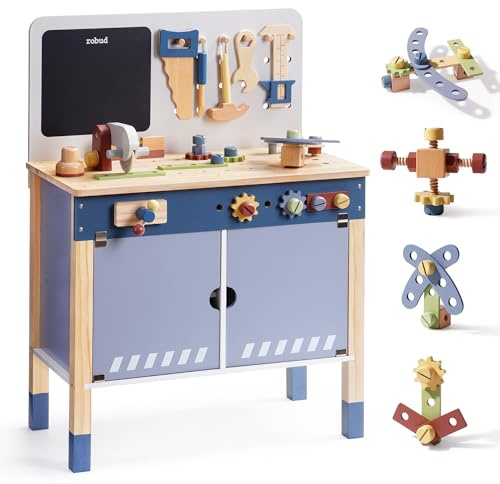 ROBUD Holz Werkbank für Kinder mit Spielwerkzeug, Kinderwerkstatt | Großes Werkbank Spielset, kreatives Bauspielzeug, Geschenk für Mädchen und Jungen ab 3 Jahren