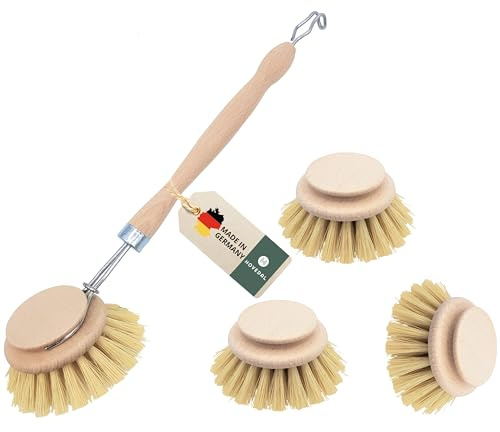 Spülbürste Holz mit Wechselköpfe, 4er Holz Spülbürsten Set aus Naturborsten | Made in Germany, Spülbürsten aus Holz mit Naturborsten aus Fibre und Holzgriff, Holzspülbürste mit Wechselkopf, Ersatzkopf