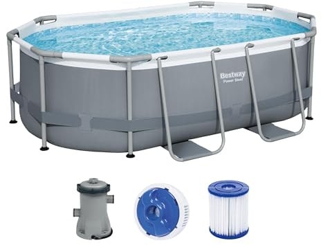 Bestway Power Steel Frame Pool Set, oval, mit Filterpumpe 305 x 200 x 84 cm, grau, 5614A