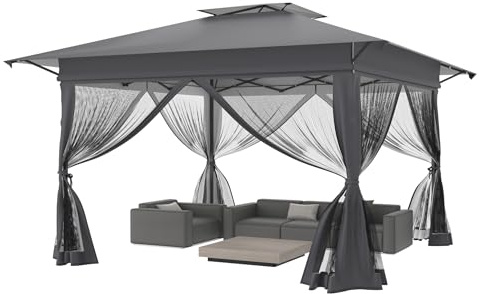 YZNAHRE Gartenpavillon 3x3m, Pop-Up Faltpavillon mit Doppeldach, 4 Moskitonetzen, UV-Schutz, Mückensicher, Höhenverstellbar (3 Stufen), Anthrazit