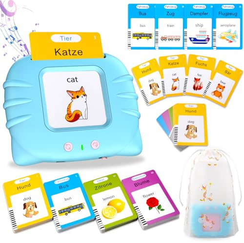 Sprechende Flash-Karten, Standard Deutsch-112 Blätter 224 Wörter, Sprechende Flash Karten Lernspielzeug für Kleinkinder 2-4 Jahre Alt, Interaktive Spielzeug für Jungen Mädchen (Blau)
