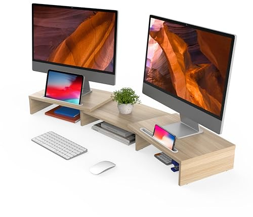 FITUEYES Dual Monitor Ständer Holz Drehbar Länge Verstellbar mit Halteschlitz für Smartphones Tablet PC Laptop Computer Bildschirm Riser 79-111,2x27x10,6cm Eiche