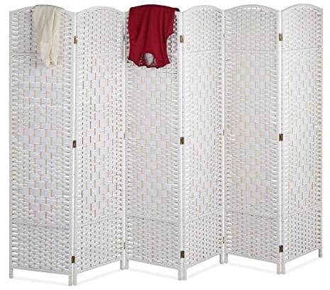 Relaxdays Paravent Raumteiler, HxB: 170 x 240 cm, Faltbarer Raumtrenner, 6-teiliger Sichtschutz, Holz & Papierseil, weiß