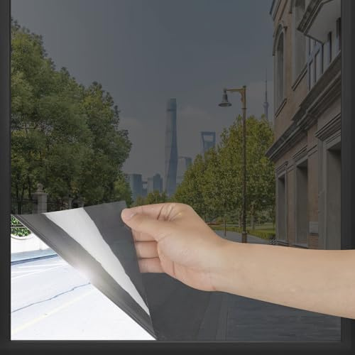 Homein Spiegelfolie Fenster Sichtschutz Sonnenschutzfolie Innen 44,5x200cm, Fensterfolie Sonnenschutz Hitzeschutz UV Schutzfolie außen, Hitzeschutzfolie Einseitig Blickdicht Wärmeschutzfolie Schwarz