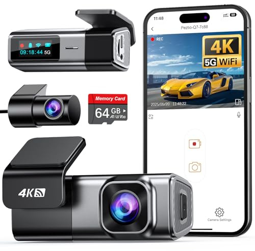 Dashcam Auto Vorne Hinten 4K+1080P, Navycrest 5GHz WiFi Dash Cam mit 64GB SD Karte, Dual Auto Kamera mit Super Nachtsicht, WDR, G-Sensor, 24/7 Parküberwachung, Loop-Aufnahme, APP Steuerung, Max 256G