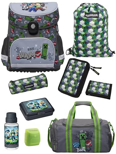 Familando - Schulranzen Set 9-teilig mit Lunch-Set - Minecraft - Ergonomisch, stabil & mit gepolstertem Rücken - 1250g leicht - 18L Volumen - Mit Reflektoren - Für Grundschule ab 1. Klasse