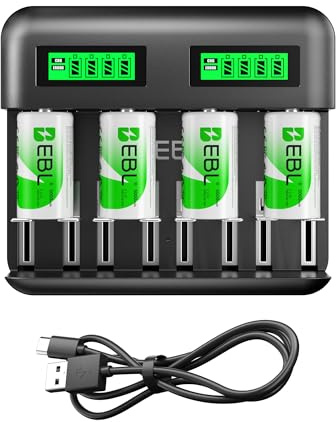EBL Akku ladegerät inkl. 4X C 5000mAh für AA AAA C D NI-MH Akkus Type C Input Schnell ladegerät, LCD Anzeige Batterienladegerät