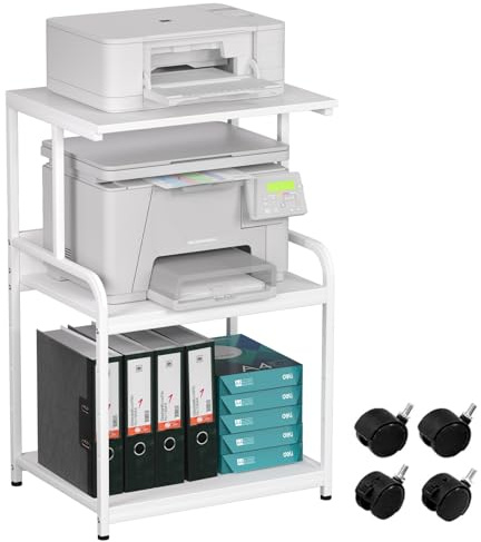 Huhote 3-stöckiger Druckerständer, Druckertisch mit Rollen, Metall Druckerwagen, Druckerregal für Büro, Zuhause, Schule und Arbeitszimmer, Druckerschrank für Fax, Kopierer, Scanner (Reinweiß)