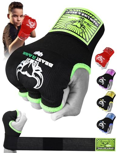 BEAST RAGE Boxbandagen Herren, Gelhandschuhe MMA 75 cm lang Boxbandagen elastisch, gepolstert Gel Innenhandschuhe Boxen, Boxsack, Training Muay Thai, Handbandagen Kinder (grün, Kids Junior)