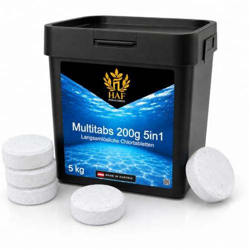 HAF Pool Chlor-Tabletten (1 x 5 kg Eimer) – langsam lösliche Chlortabletten (200g pro Stück) | Chlor Multitabs 5 in 1 für Poolpflege, Dauerdesinfektion, Algenvorbeugung & hygienisch klares Poolwasser