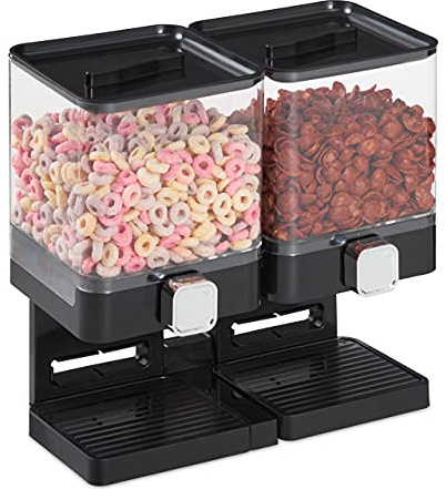 Relaxdays Müslispender doppelt, Cerealienspender für Müsli, Cornflakes, Süßigkeiten, Snackspender Kunststoff, schwarz, 1 Stück