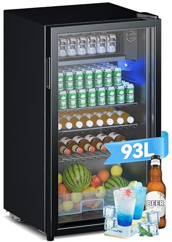 Devoko Getränkekühlschrank mit Glast,93L Minikühlschrank,mit RGB LED Lichtern,verstellbare Einlegeböden, Indoor/Outdoor,für zu Hause, Büro, Partys & Gastro,Minibar, Kühlschrank Schwarz