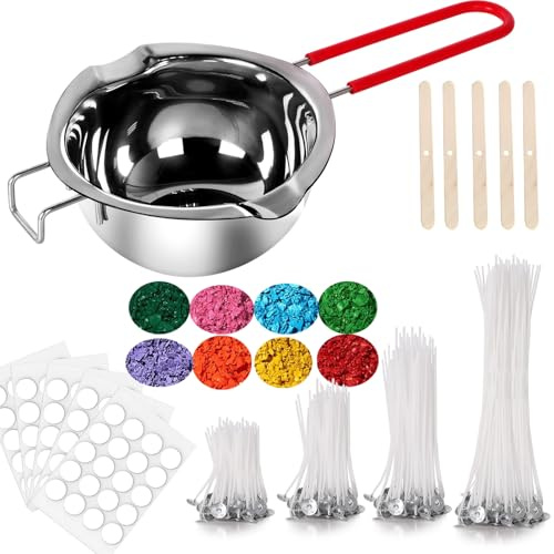 Kerzen Selber Machen Set, Kerzenherstellung Kit mit 304 Edelstahl Wachsschmelztopf, 150 Baumwoll-Kerzendochte in 4 Größen, 8 Wachs-Farbblöcke, 160 Dochtaufkleber & 5 Dochthalter, DIY Kerzen Bastelset
