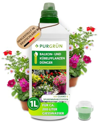 Purgrün® Balkon- und Kübelpflanzendünger 1 Liter – Mit Guano für leuchtende Blüten – Organisch-mineralisch – Premium-Flüssigdünger mit Spurennährstoffen – NPK 5+7+8 – Konzentrat für 200 Liter